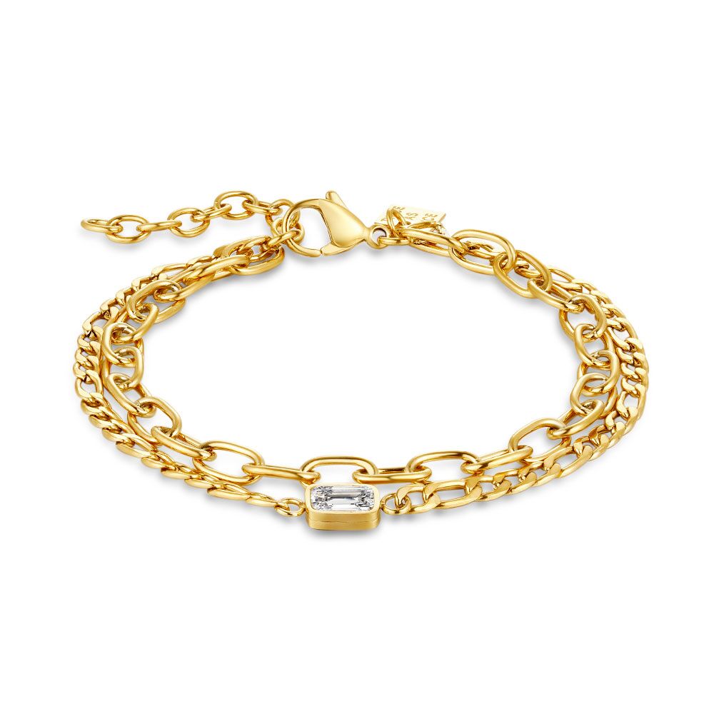 Gold Coloured Stainless Steel Bracelet, 2 Different Chains, 1 Rectangular Crystal