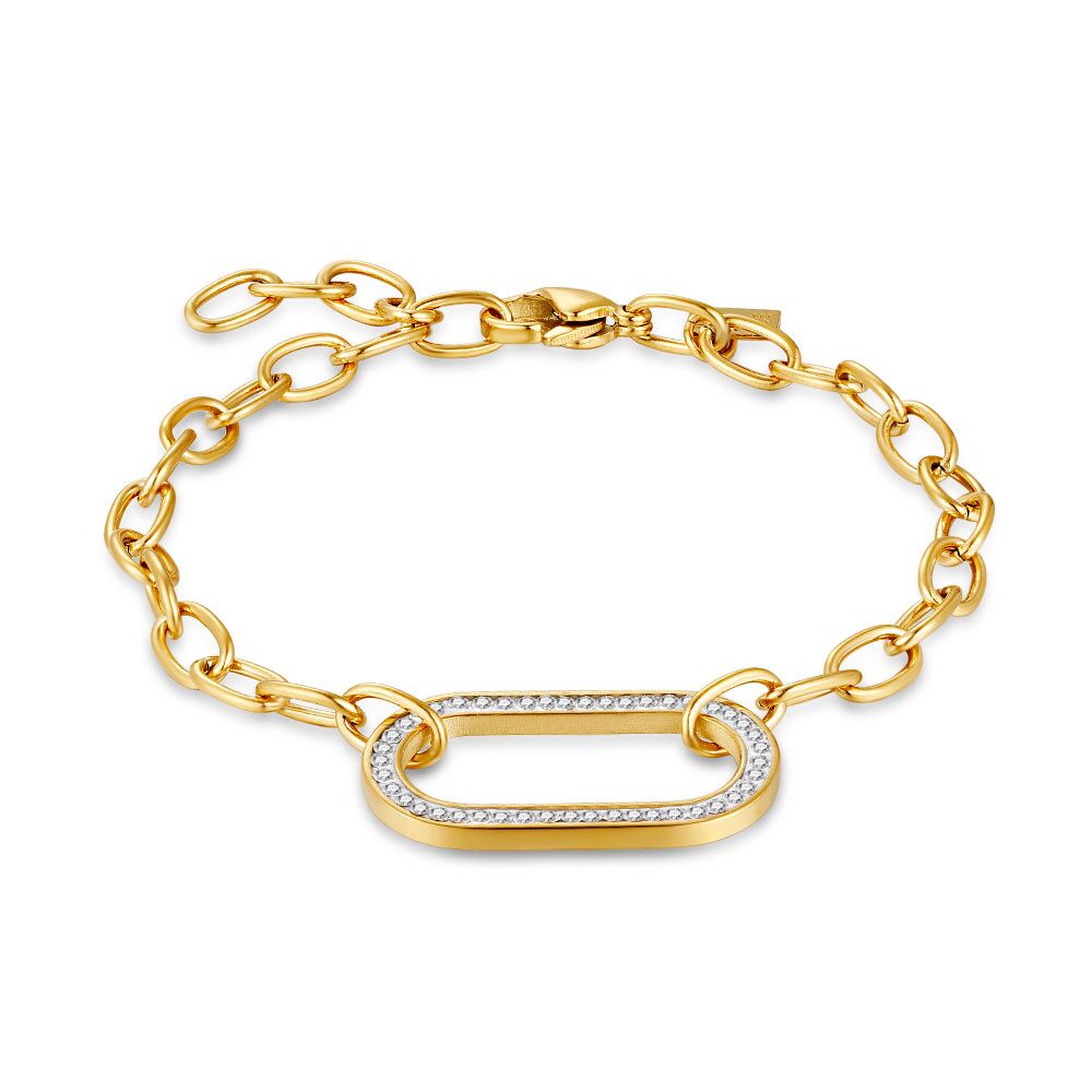 Gold Coloured Stainless Steel Bracelet, Open Oval, Crystals