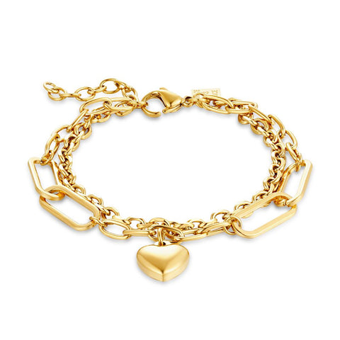 Gold Coloured Stainless Steel Bracelet, 2 Different Chains With Heart Pendant