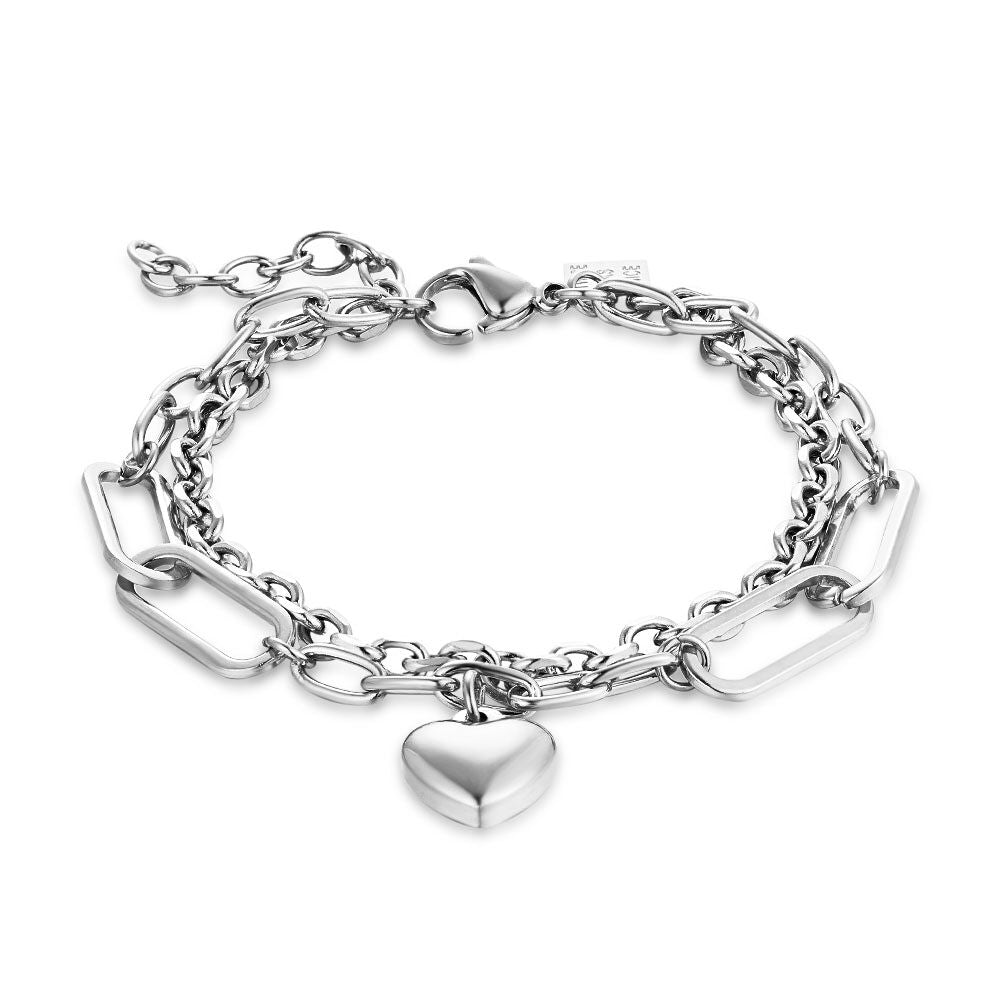 Stainless Steel Bracelet, 2 Different Chains, Heart Pendant
