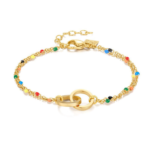 Gold Coloured Stainless Steel Bracelet, 2 Circles, Multi-Coloured Enamel