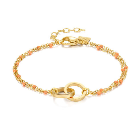 Gold Coloured Stainless Steel Bracelet, 2 Circles, Orange Enamel Dots
