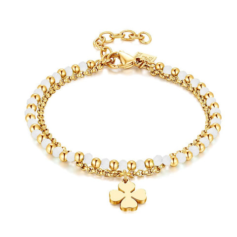 Gold Coloured Stainless Steel Bracelet, Double Chain, Pink Crystals, Clover