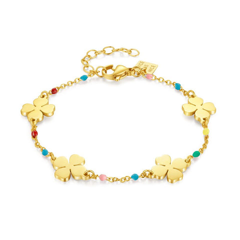 Gold Coloured Stainless Steel Bracelet, 4 Clovers, Multi-Coloured Enamel