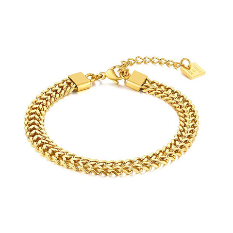 Gold Coloured Stainless Steel Bracelet, Double, Flat, Gourmet Chain