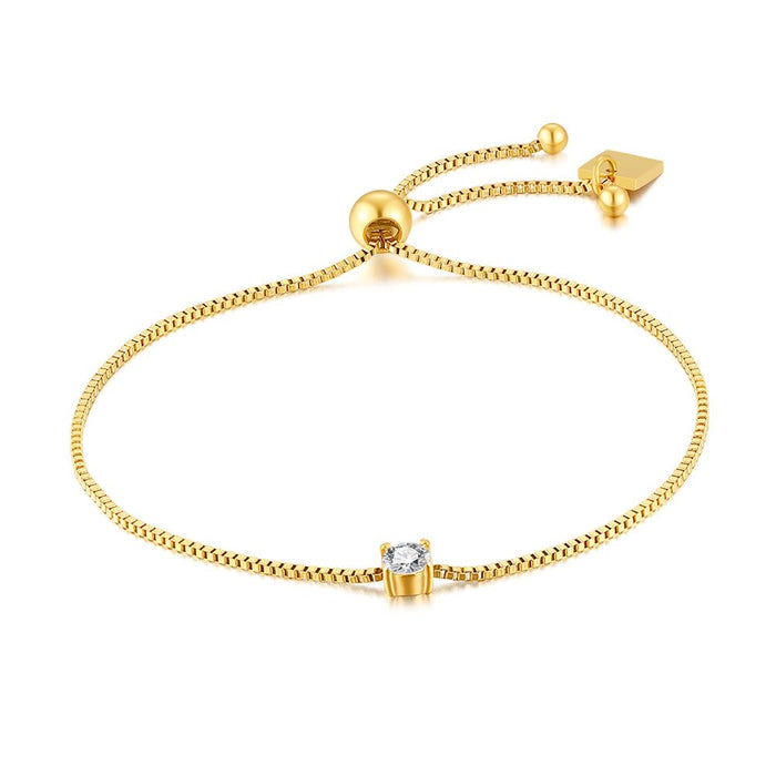 Gold Coloured Stainless Steel Bracelet, Venitian Chain, 1 Crystal, Ball Closing