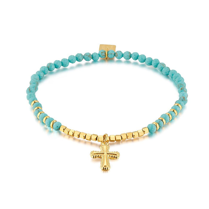 Gold Coloured Stainless Steel Bracelet, Turquoise Natural Stone, Cross