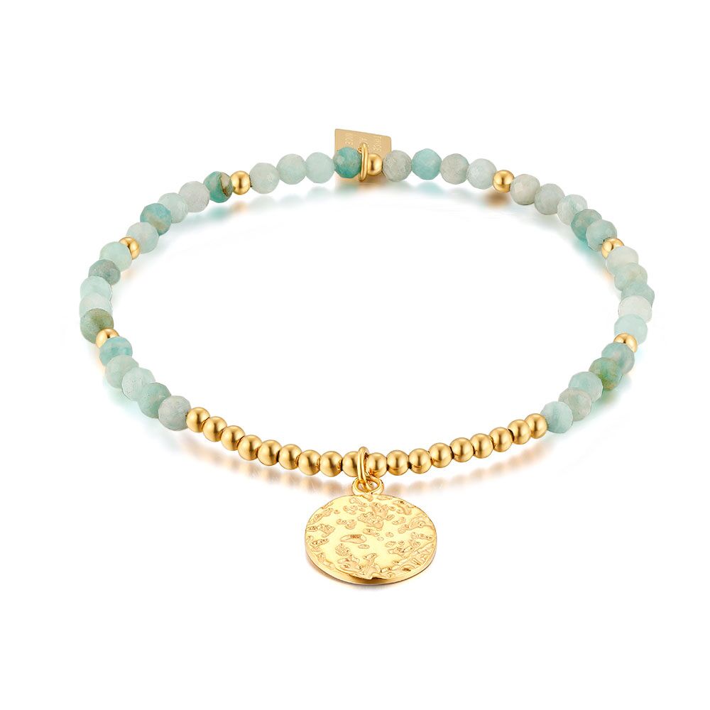 Gold Coloured Stainless Steel Bracelet, Amazonite Stones, Hammered Round