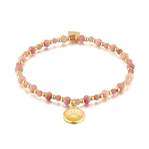 Gold Coloured Stainless Steel Bracelet, Rhodochrosite Pink Stones, Sun
