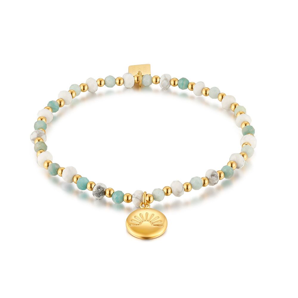 Gold Coloured Stainless Steel Bracelet, Howlite And Amazonite Stones, Sun
