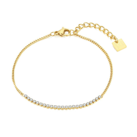 Gold Coloured Stainless Steel Bracelet, 23 Crystals, Thin Gourmet Chain