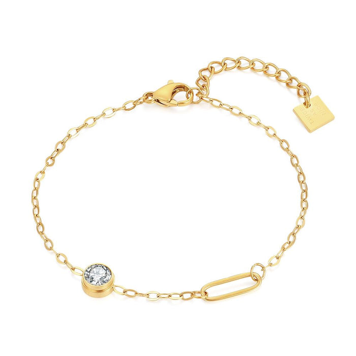Gold Coloured Stainless Steel Bracelet, Crystal And Oval
