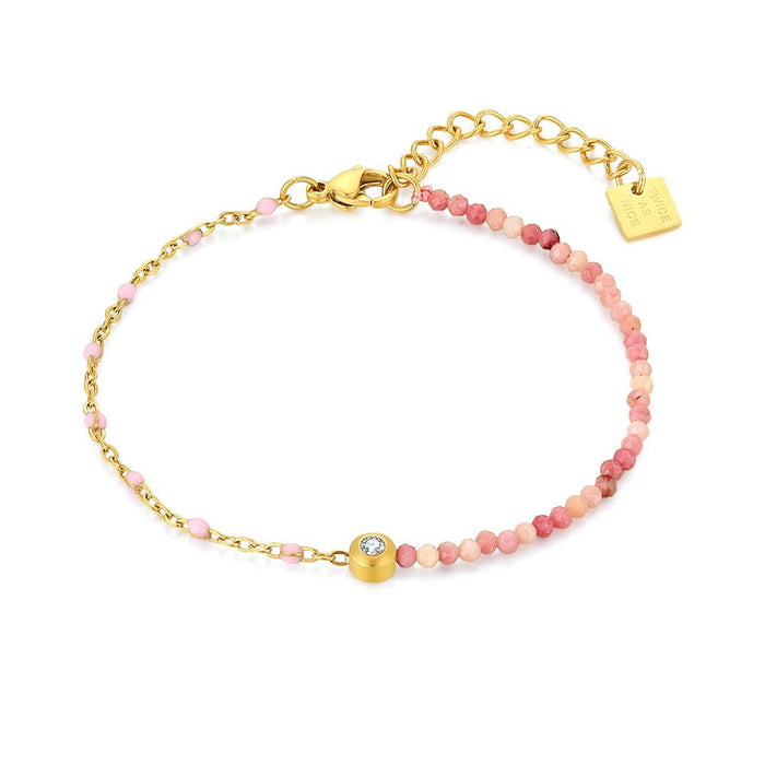Gold Coloured Stainless Steel Bracelet, Pink Enamel Stones, Pink Beads, 1 Crystal