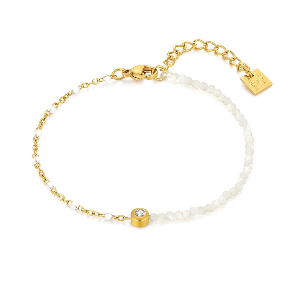 Gold Coloured Stainless Steel Bracelet, White Enamel, White Beads, 1 Crystal