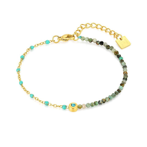 Gold Coloured Stainless Steel Bracelet, Turquoise Enamel, 1 Crystal