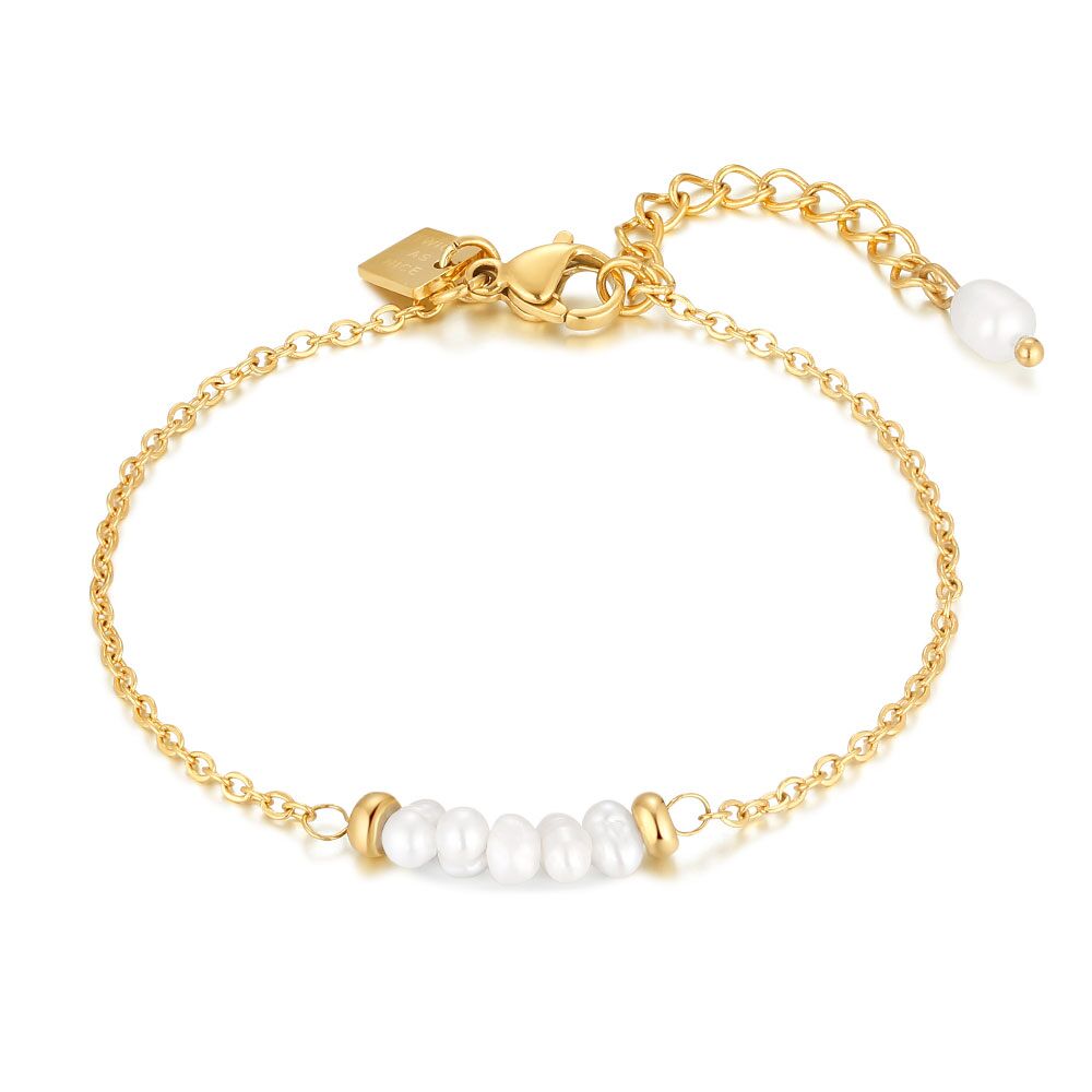 Gold Coloured Stainless Steel Bracelet, 5 Freshwater Pearls