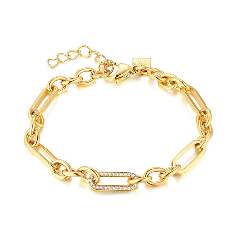 Gold Coloured Stainless Steel Bracelet, Oval Links, Crystals