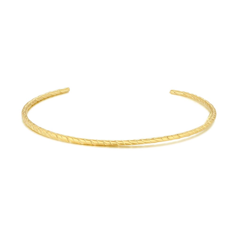 Gold Coloured Stainless Steel Bracelet, Thin Open Bangle, Striped