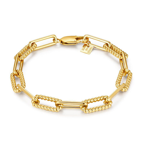 Gold Coloured Stainless Steel Bracelet, Oval Links, Plain And Twisted