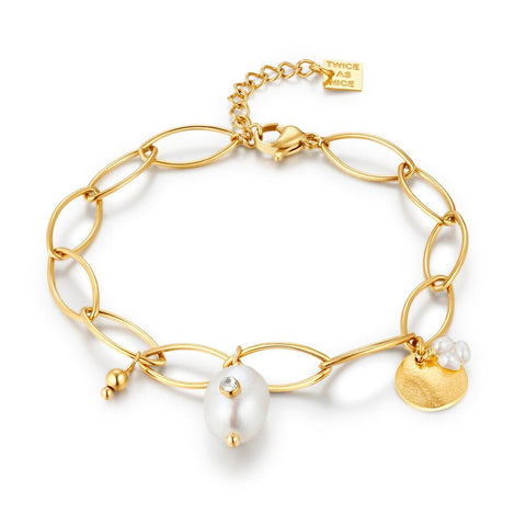 Gold Coloured Stainless Steel Bracelet, Link Bracelet, Pearl And Crystal