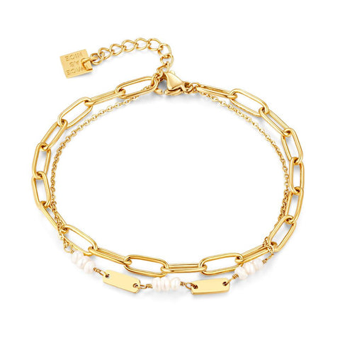 Gold Coloured Stainless Steel Bracelet, Oval Links, Double Chain, Tiny Pearls
