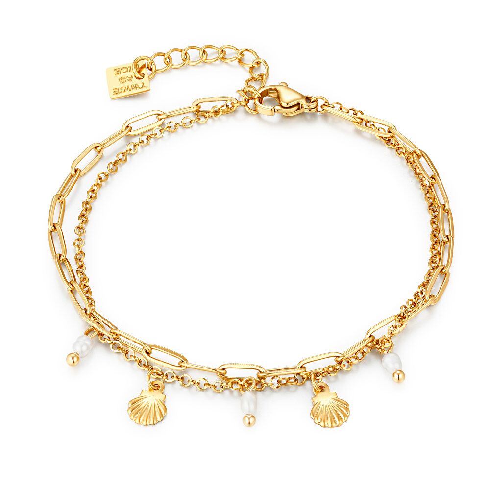 Gold Coloured Stainless Steel Bracelet, Double Chain, Shells And Pearls