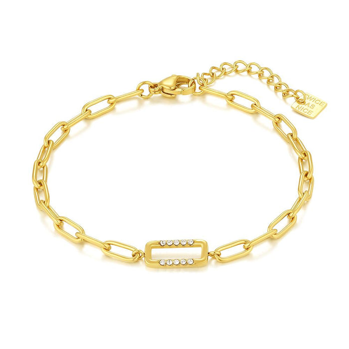 Gold Coloured Stainless Steel Bracelet, Rectangle, Crystals