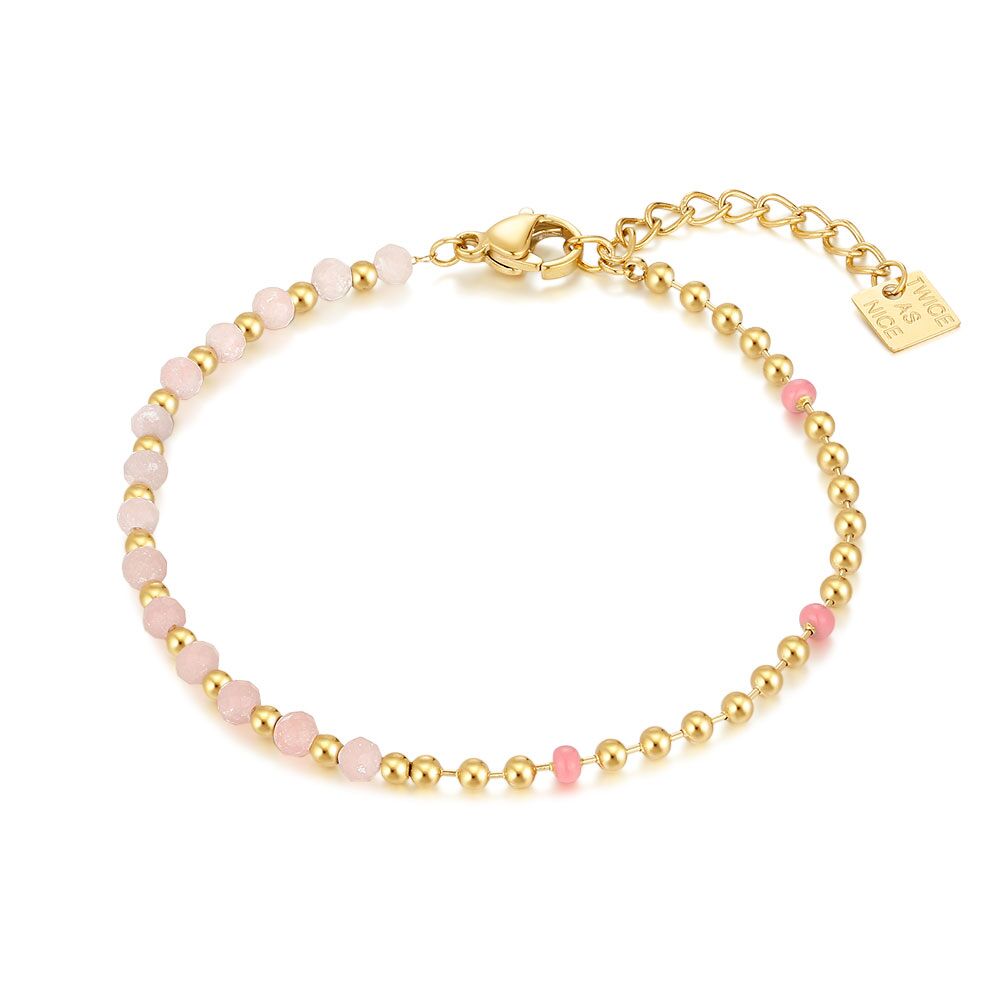 Gold Coloured Stainless Steel Bracelet, Pink Stones