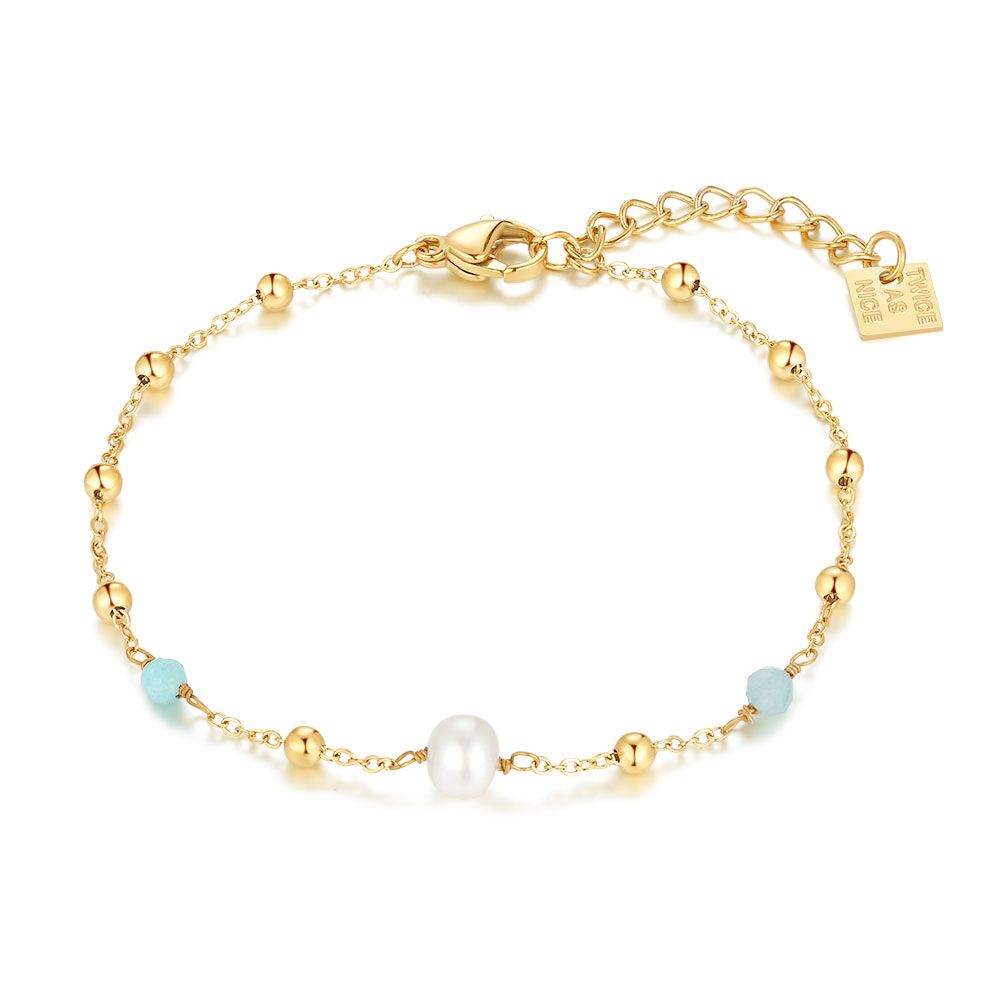 Gold Coloured Stainless Steel Bracelet, 1 Pearl, 2 Amazonite Stones
