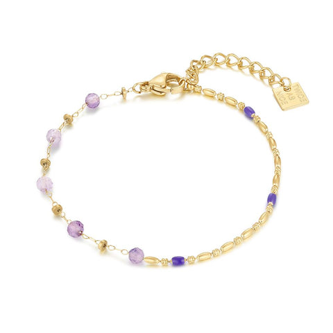 Gold Coloured Stainless Steel Bracelet, Purple Stones, Tiny Ovals