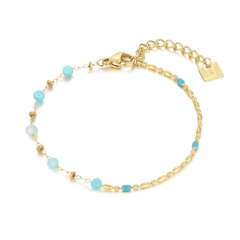 Gold Coloured Stainless Steel Bracelet, Light Blue Beads