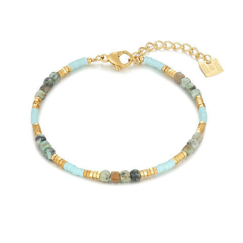 Gold Coloured Stainless Steel Bracelet, Blue And Green Stones