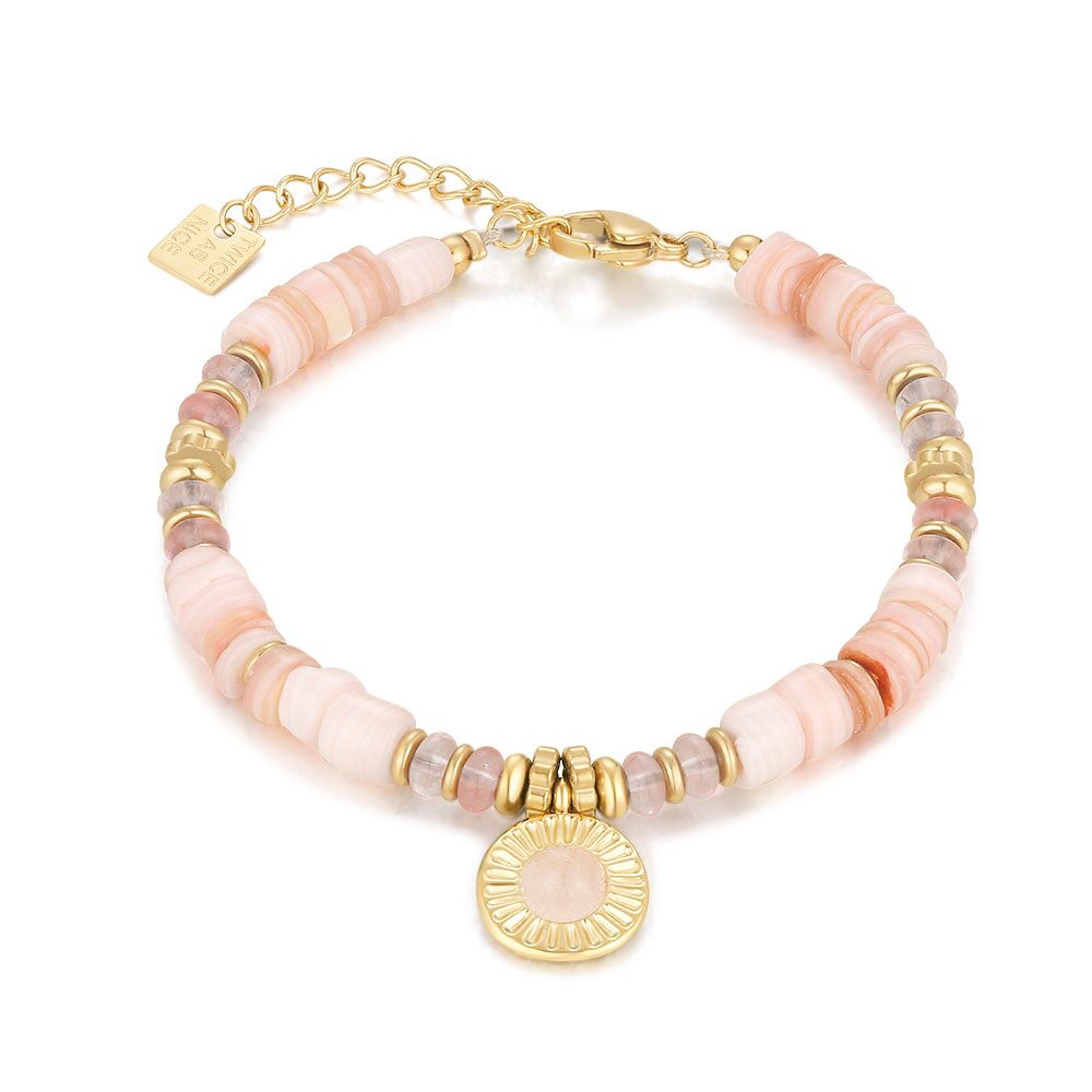 Gold Coloured Stainless Steel Bracelet, Pink Stones, Round Pendant