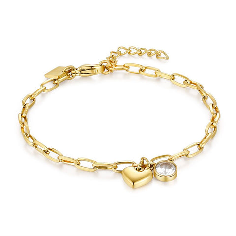 Gold Coloured Stainless Steel Bracelet, Heart, Crystal