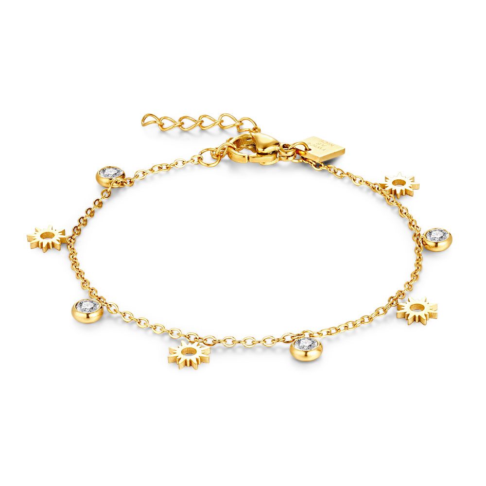 Gold Coloured Stainless Steel Bracelet, Zirconia And Sun
