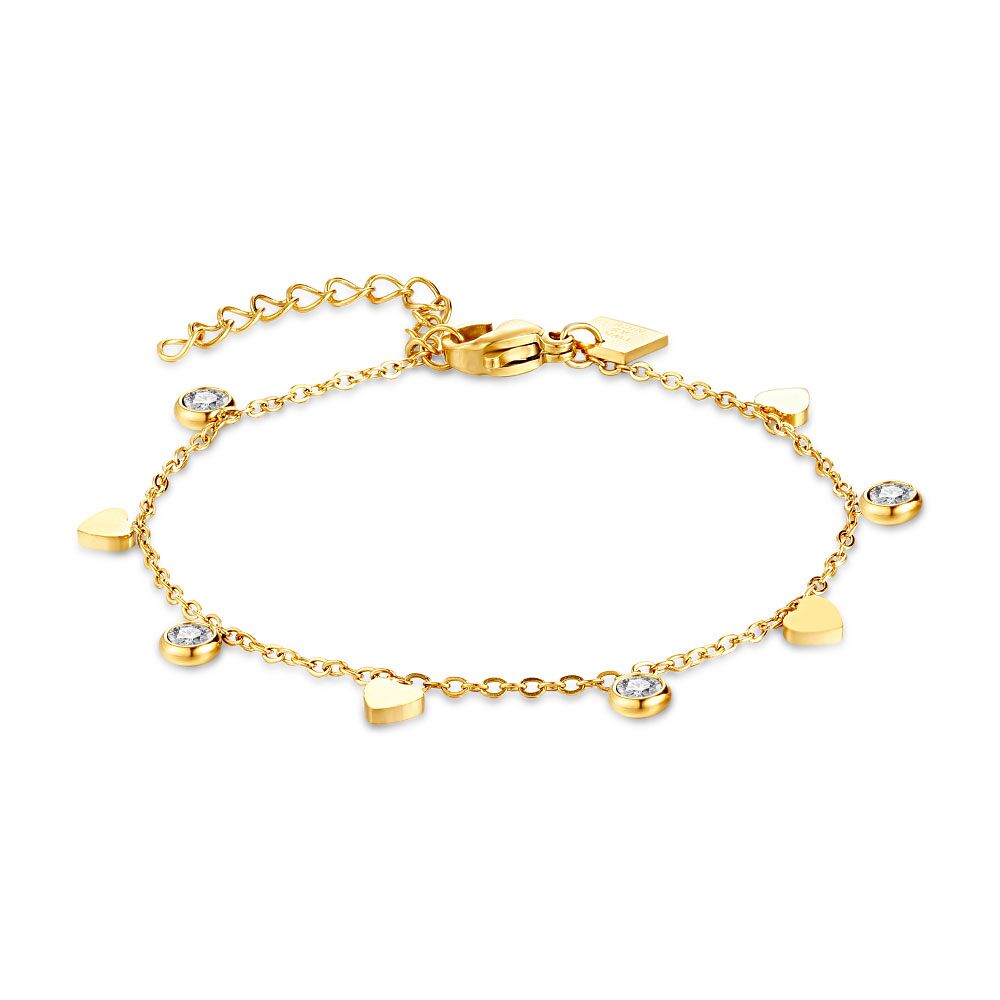 Gold Coloured Stainless Steel Bracelet, Zirconia And Hearts