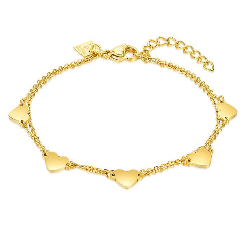 Gold Coloured Stainless Steel Bracelet, Double Chain, 5 Hearts