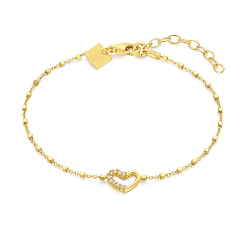 18Ct Gold Plated Silver Bracelet, Open Heart, Half With Zirconia