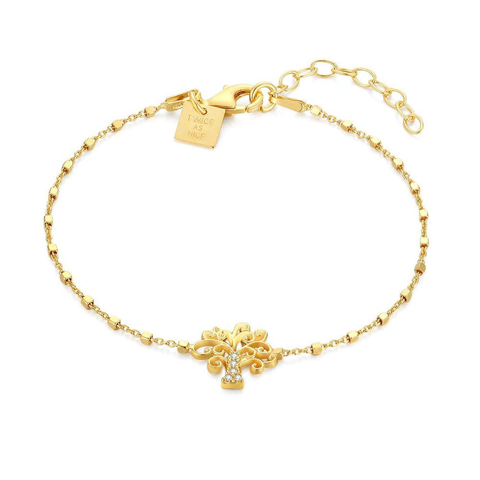 18Ct Gold Plated Silver Bracelet, Chain With Cubes, Tree Of Life, Zirconia