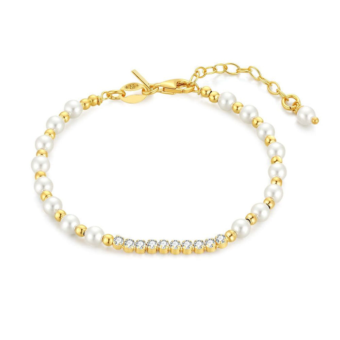 18Ct Gold Plated Silver Bracelet, Pearls, 10 Zirconia