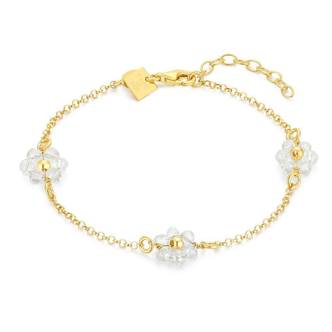 18Ct Gold Plated Silver Bracelet, 3 Flowers With White Crystals