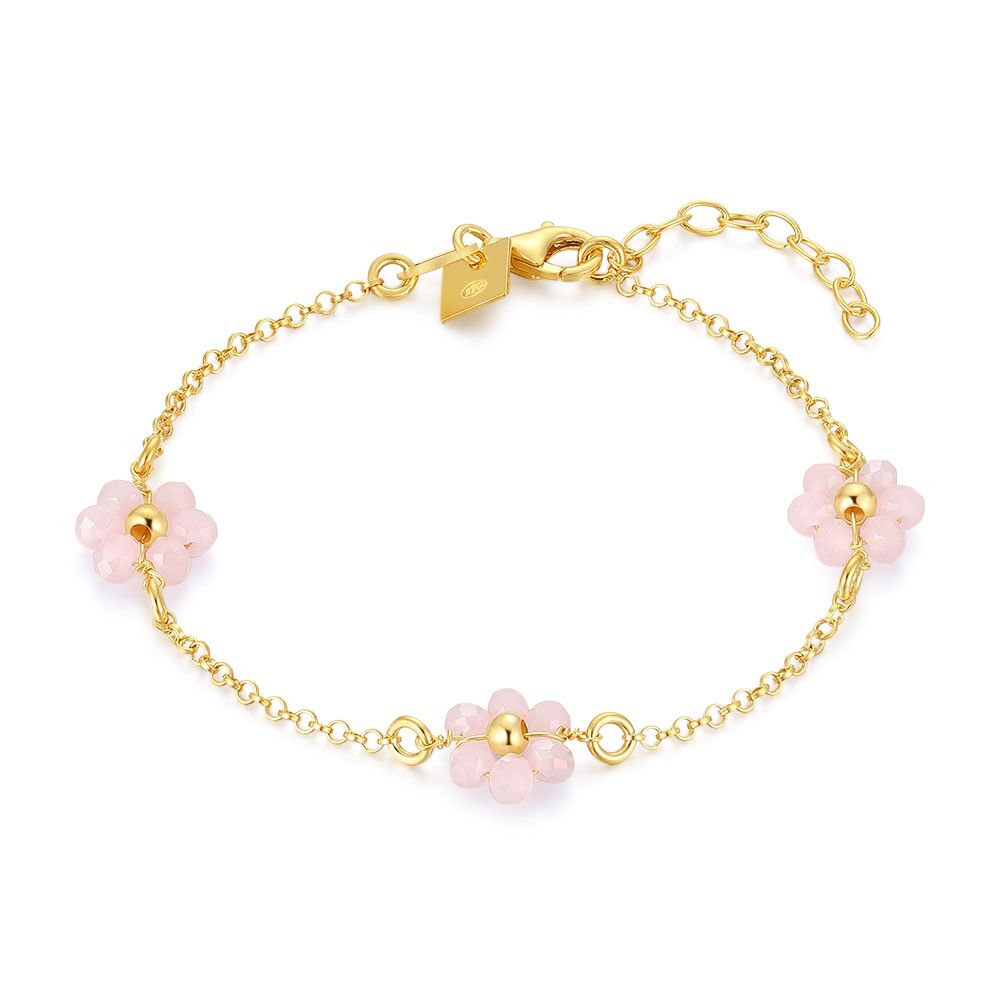 18Ct Gold Plated Silver Bracelet, 3 Flowers, Pink Opal