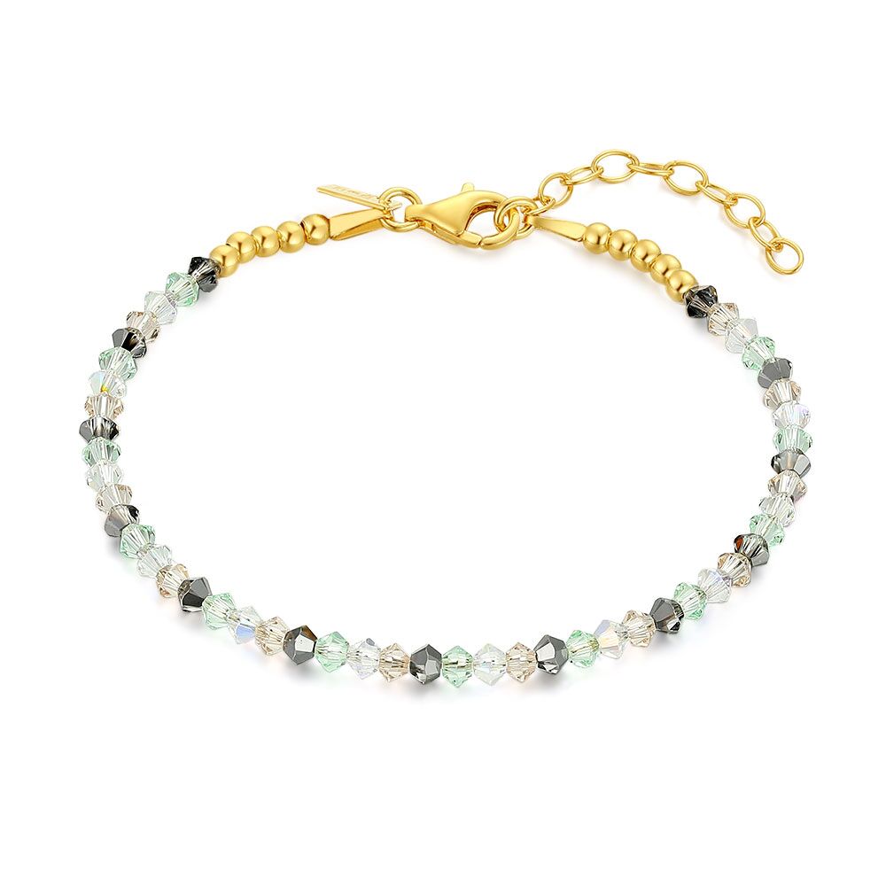 18Ct Gold Plated Silver Bracelet, Crystals, Green, Pink, Grey