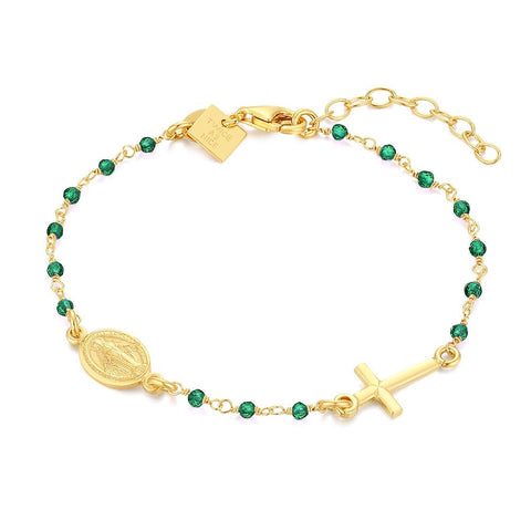 18Ct Gold Plated Silver Bracelet, Green Crystals, Cross, Medallion