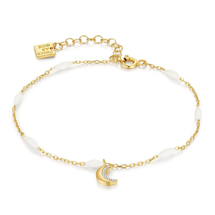 18Ct Gold Plated Silver Bracelet, Moon With Zirconia, White Enamel