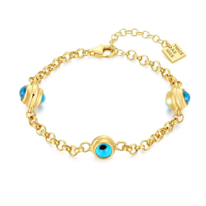 18Ct Gold Plated Silver Bracelet, Forcat Chain With 3 Blue Eyes