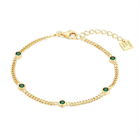 18Ct Gold Plated Silver Bracelet, Gourmet, 5 Green Zirconia