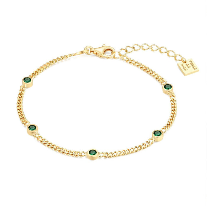 18Ct Gold Plated Silver Bracelet, Gourmet, 5 Green Zirconia