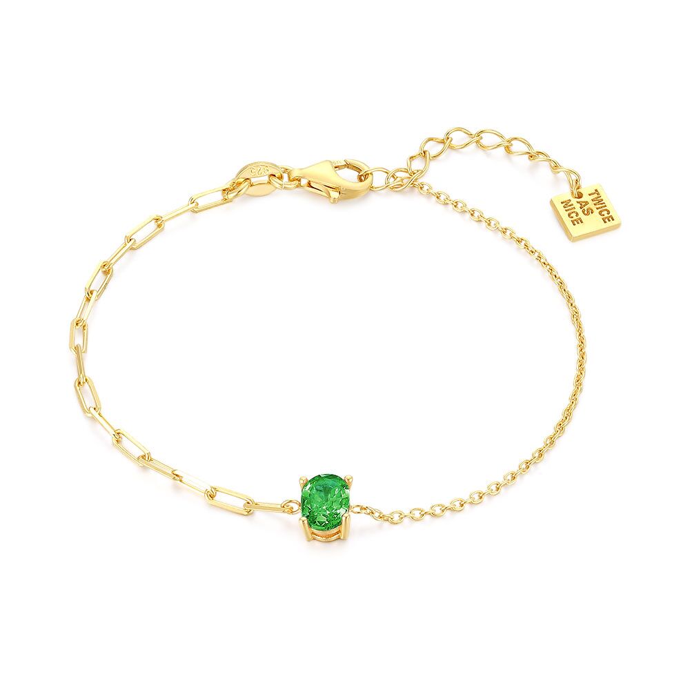 18Ct Gold Plated Silver Bracelet, Oval In Green Zirconia