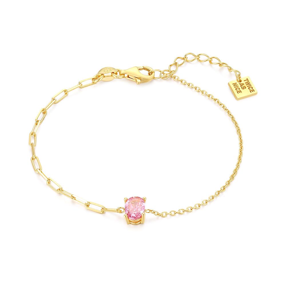 18Ct Gold Plated Silver Bracelet, Oval Zirconia, Pink